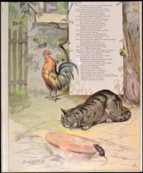 Nuori kukko, kissa ja nuori hiiri, Jean de La Fontainen (1621-95) Taruista 1888 (värikaiverrus)